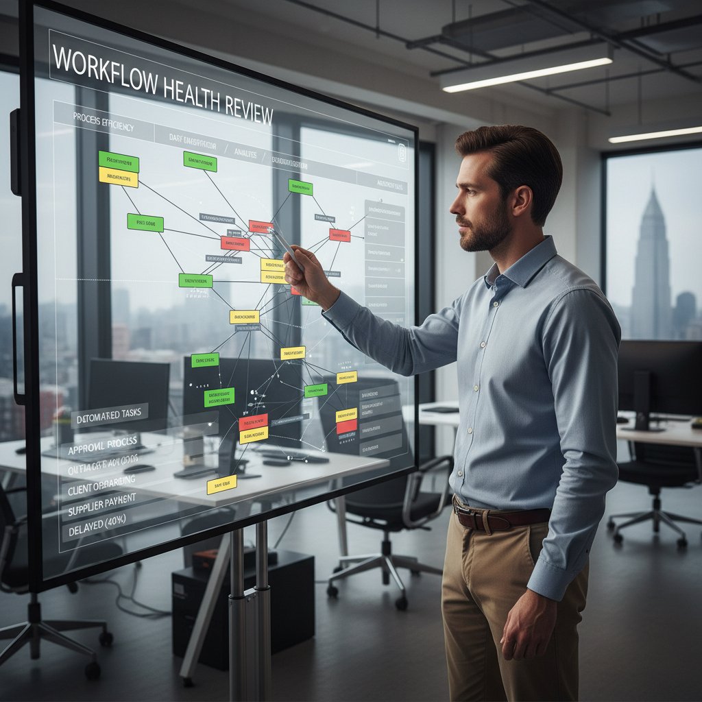 Workflow coordinator conducting workflow health review with team, digital process mapping, digital workflow management