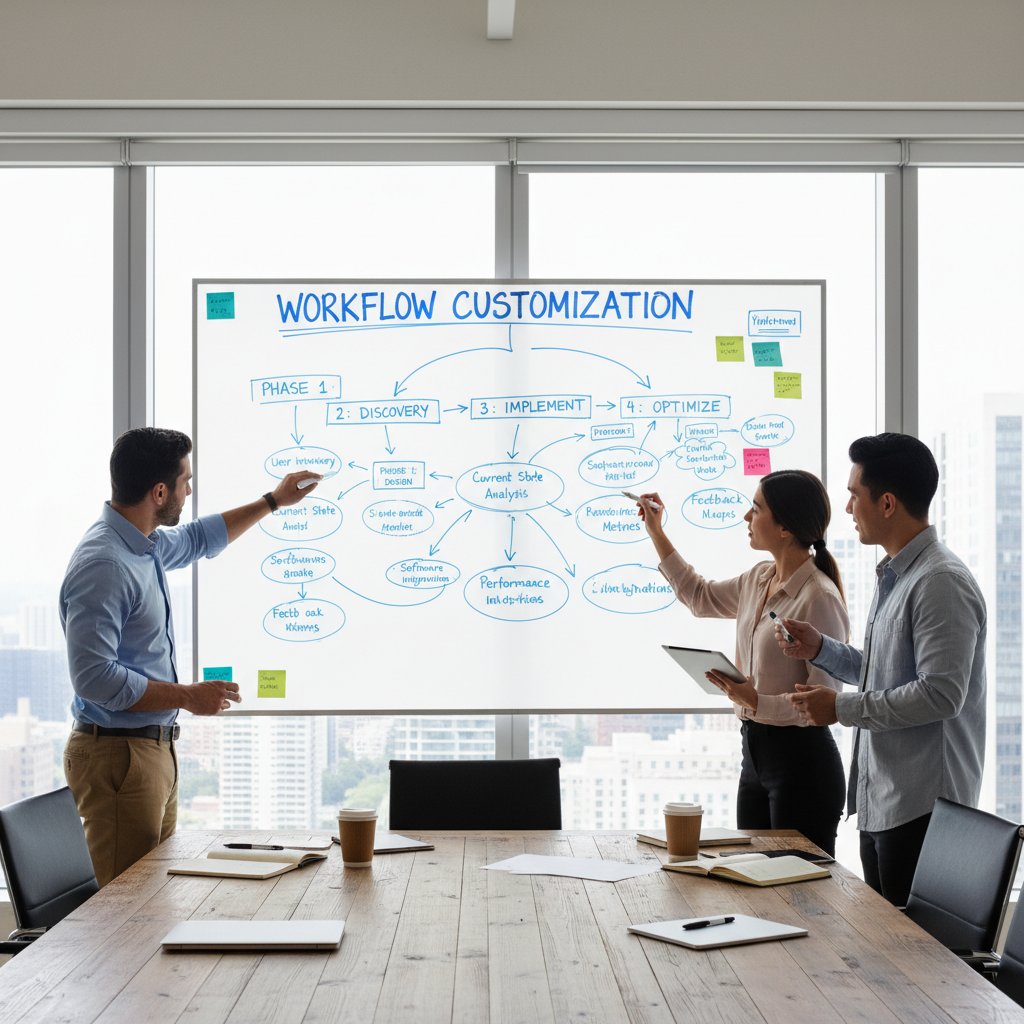 Whiteboard with workflow customization sketches, illustrating brainstorming for advanced DMS workflows