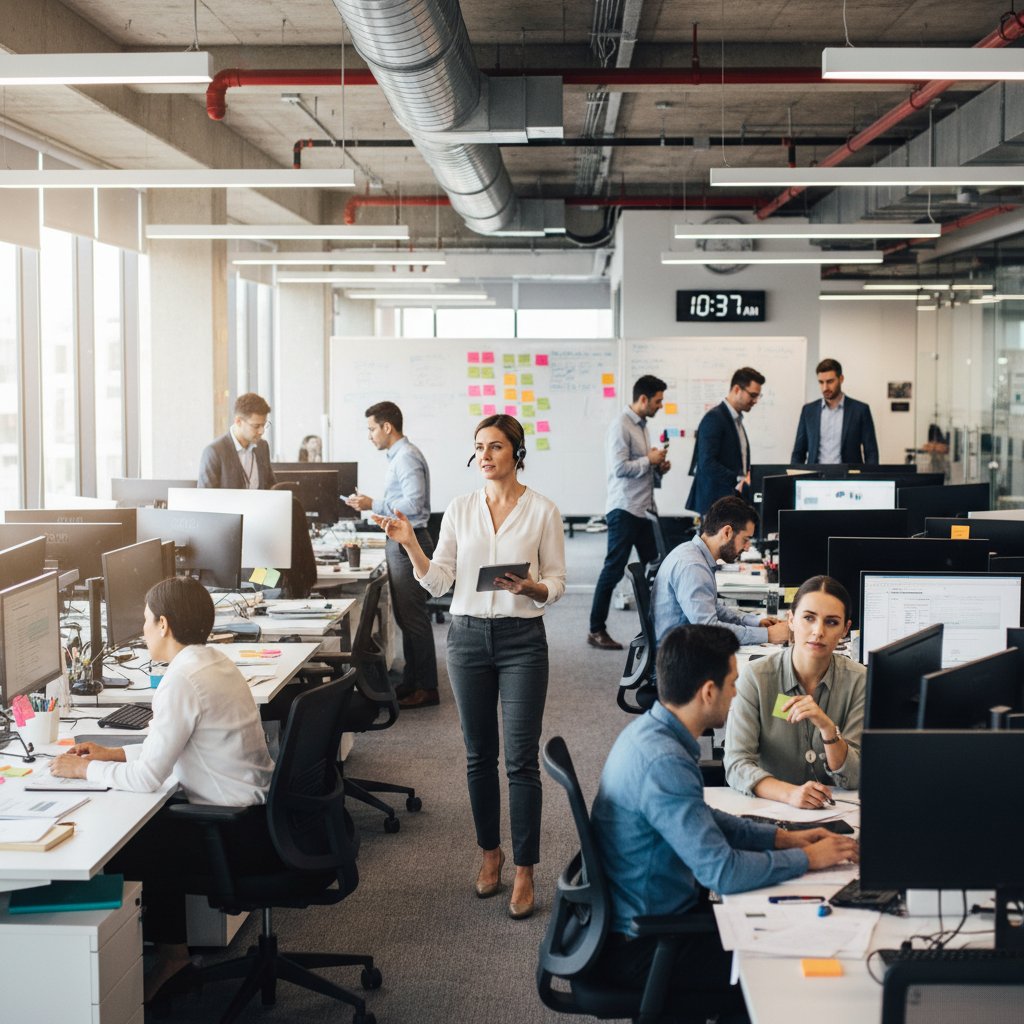 Professional orchestrating activity at the center of bustling office, embodying the workplace coordinator role