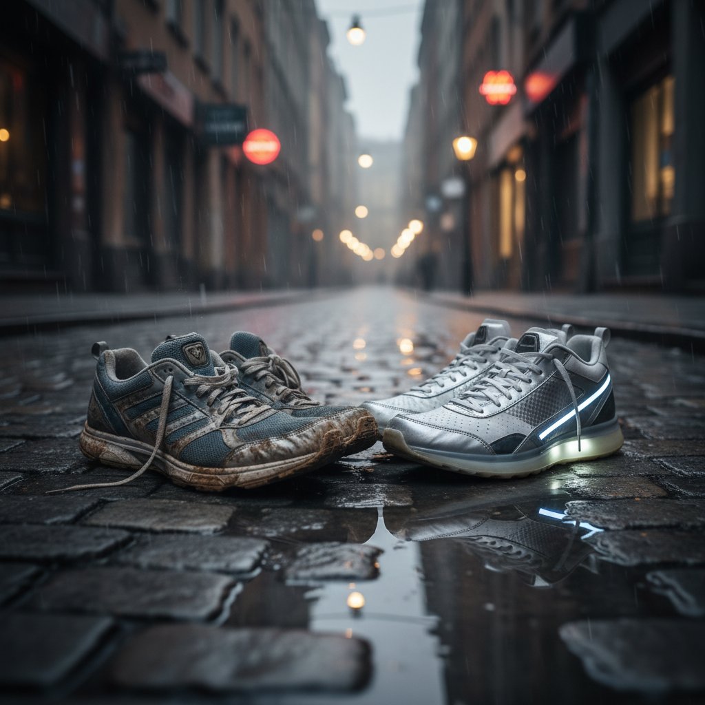 Zniszczone i nowe buty do biegania na chodniku – symbol złych i dobrych wyborów