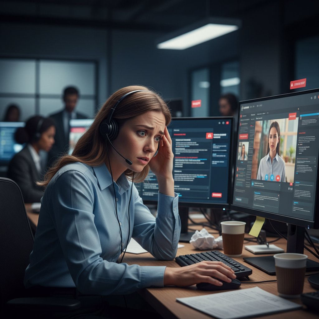 Zdjęcie zatroskanego pracownika call center otoczonego monitorami z powiadomieniami klienta, pokazujące presję na szybką obsługę klienta