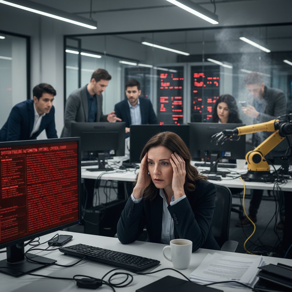 Zaniepokojony pracownik w biurze patrzący na ekran z błędem w systemie automatycznych przypomnień