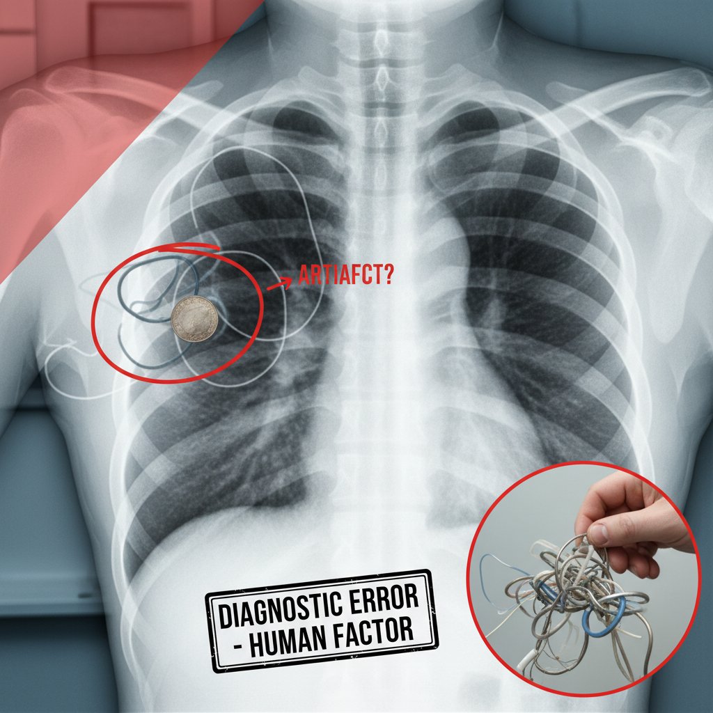 Artefakt na zdjęciu RTG utrudniający diagnozę – widoczny metalowy obiekt zakłócający interpretację wyniku