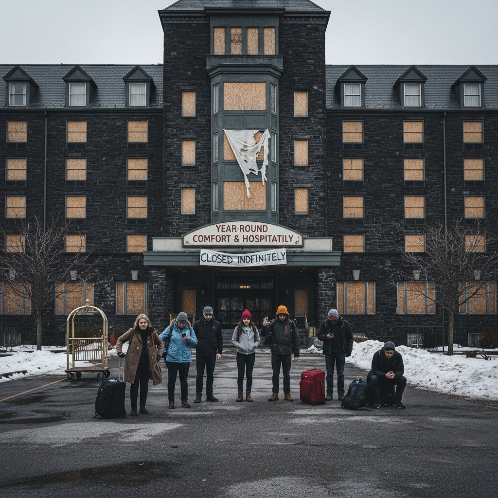 Disappointed travelers outside a closed hotel during off-season, emphasizing the unpredictability of year round hotels.
