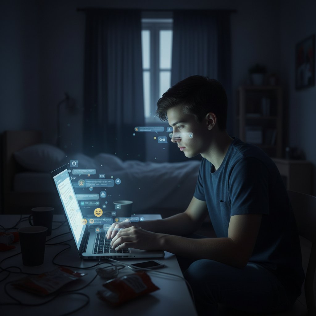 Młoda osoba siedząca samotnie przed laptopem, rozmowy cyfrowe, poczucie izolacji, umiejętności interpersonalne online