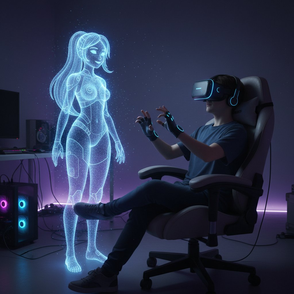 Młoda osoba w goglach VR patrzy na hologram wirtualnej dziewczyny, scena symulatora randkowego VR