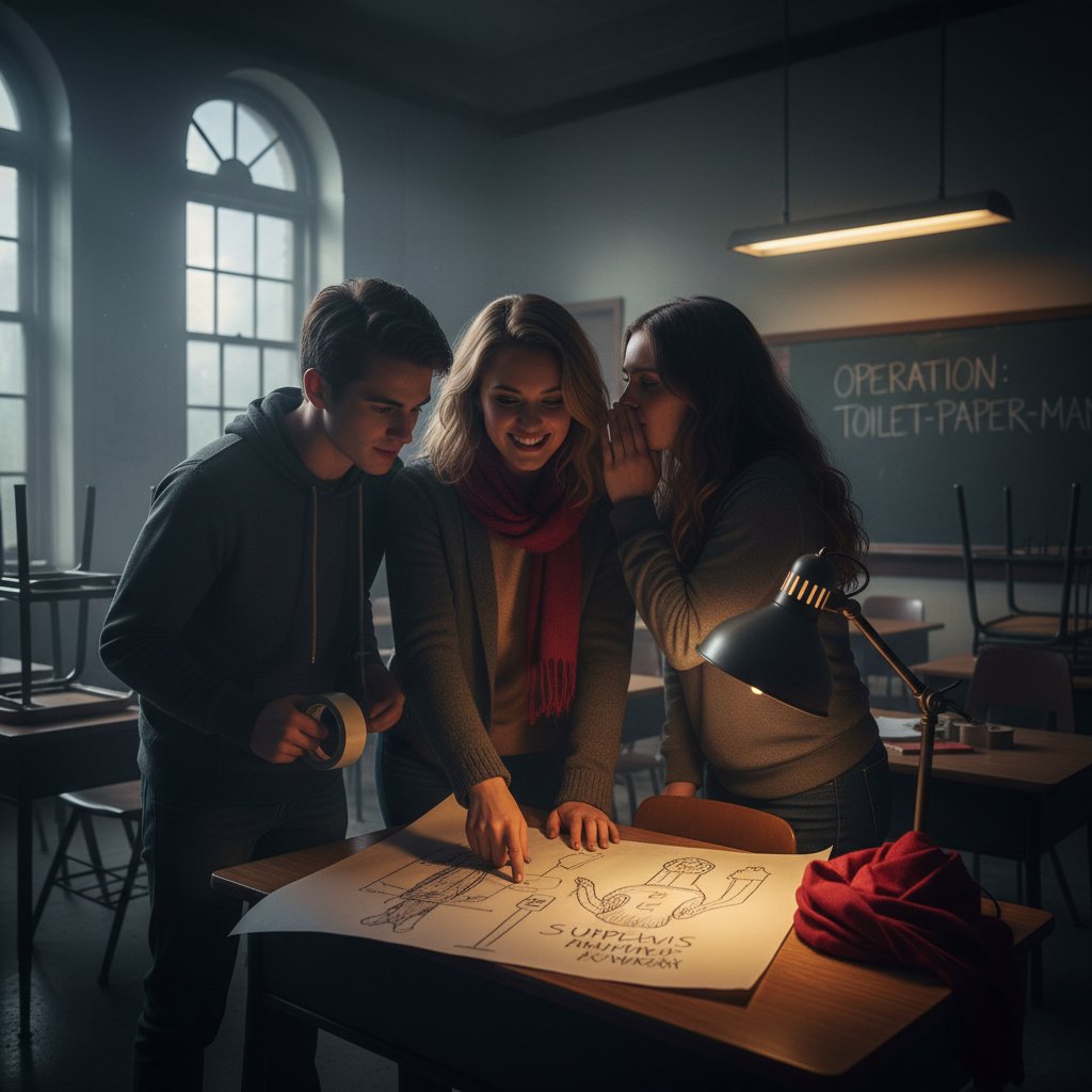 Young adults plotting a prank in a school classroom, suspenseful mood, cinematic lighting