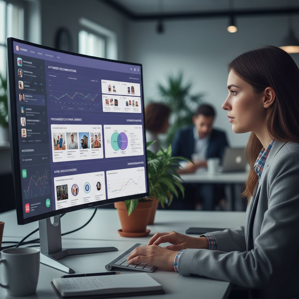 Młody analityk e-commerce nad komputerem z wyświetlonymi rekomendacjami AI – personalizacja, sprzedaż online