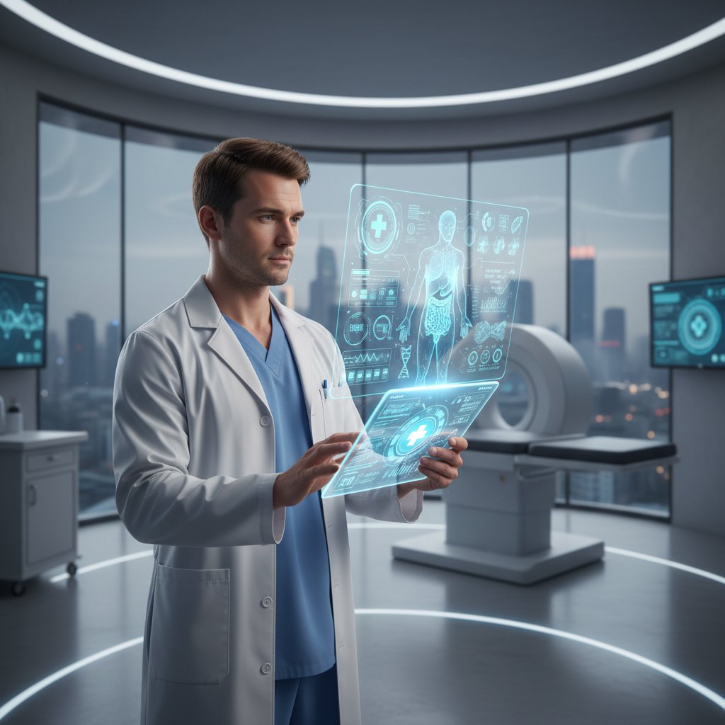 Młoda lekarka korzystająca z tabletu z aplikacją medyczną, hologram serca nad ekranem, cyfrowa medycyna Polska