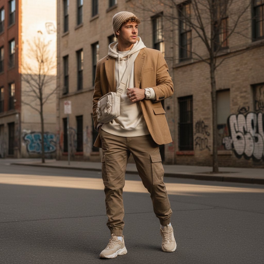 Młody mężczyzna w beżowej stylizacji, dodatki w intensywnych kolorach, streetwear