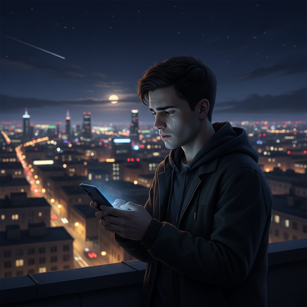 Samotny młody człowiek trzymający smartfon nocą przy oknie z widokiem na miasto, rozmowa z AI