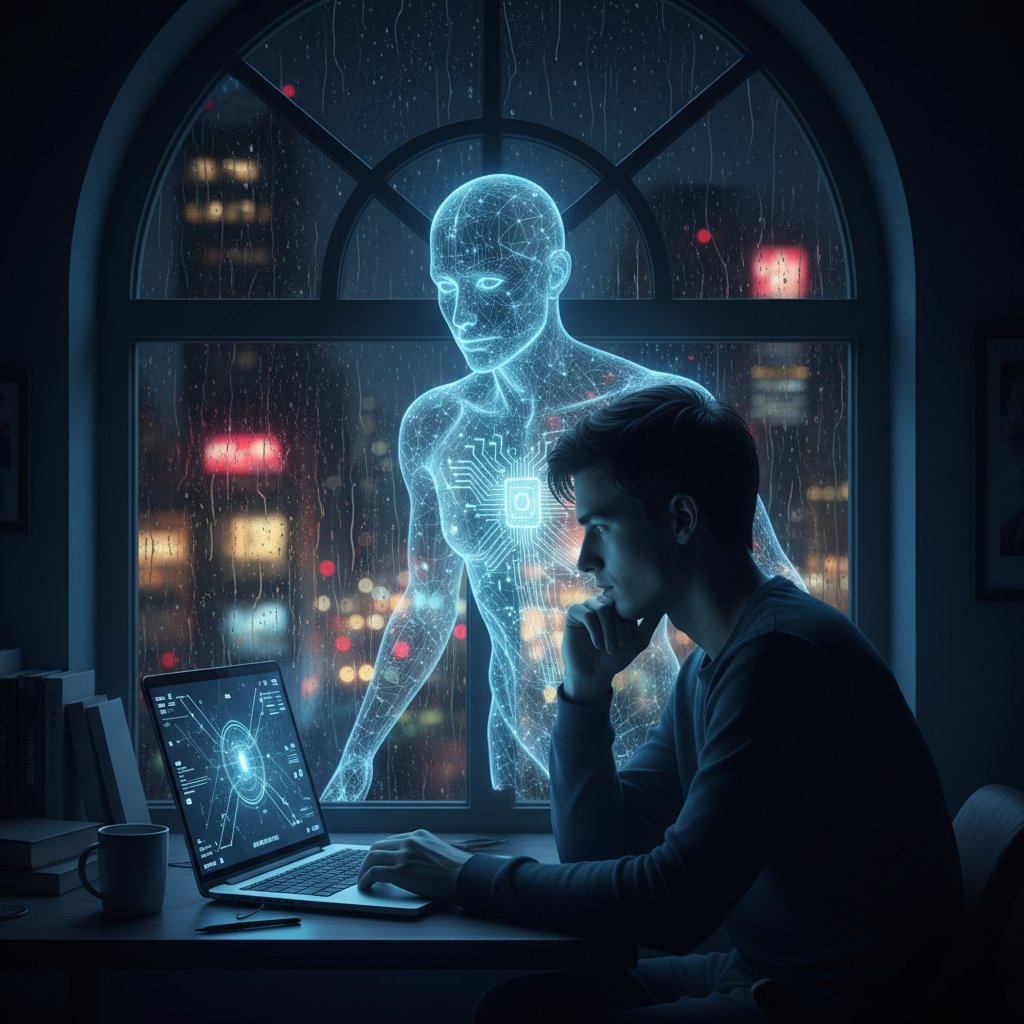 Mężczyzna rozmawiający z AI na laptopie, nocą, światła miasta, atmosfera intymna