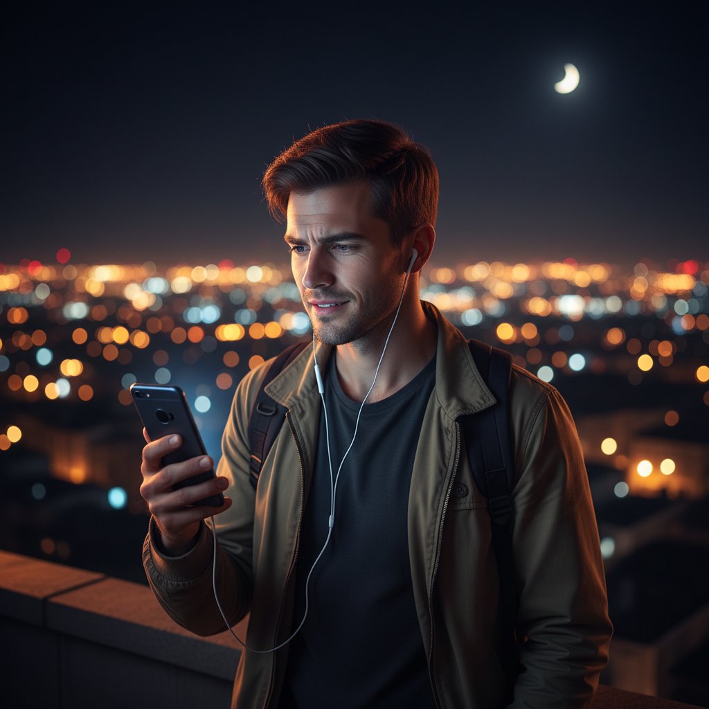 Mężczyzna wpatrujący się w telefon z napiętą miną, nocne miasto w tle, klimat niepewności i nadziei