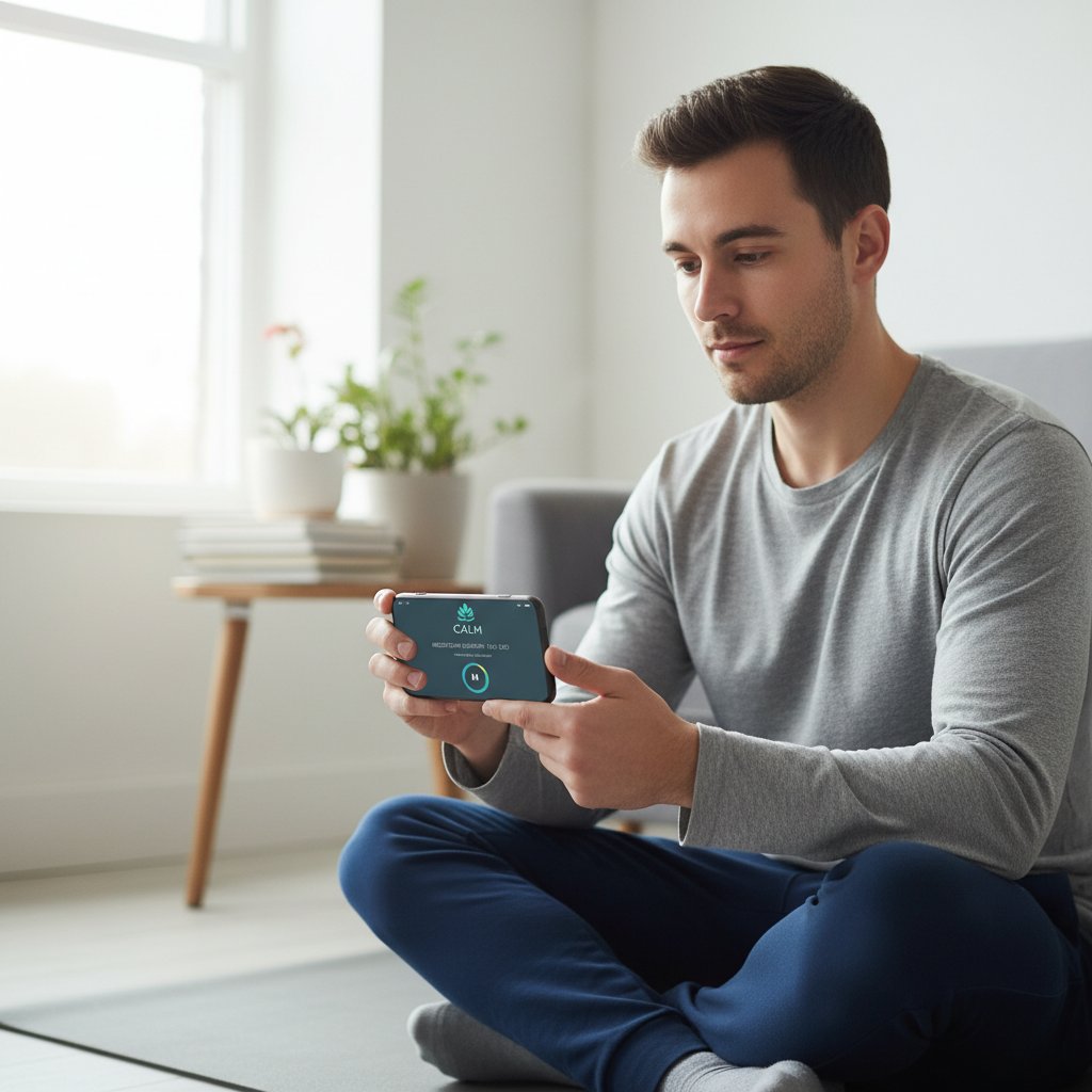 Młody człowiek korzystający z aplikacji mindfulness na smartfonie, przyszłość terapii cyfrowej