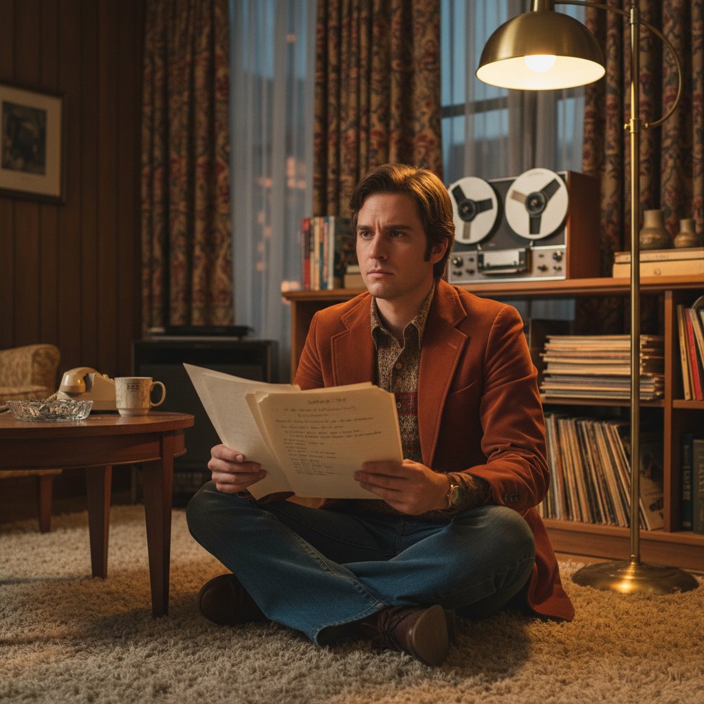 Academic-looking young man in a cluttered study, vintage 1970s, pondering scripts. Alt: Young Wes Craven sketching horror ideas.