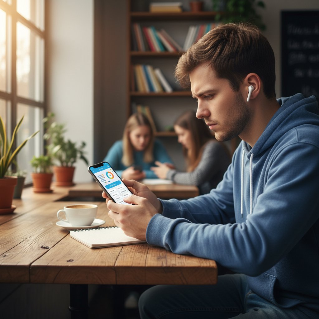 Młody mężczyzna korzystający z aplikacji edukacyjnej na smartfonie