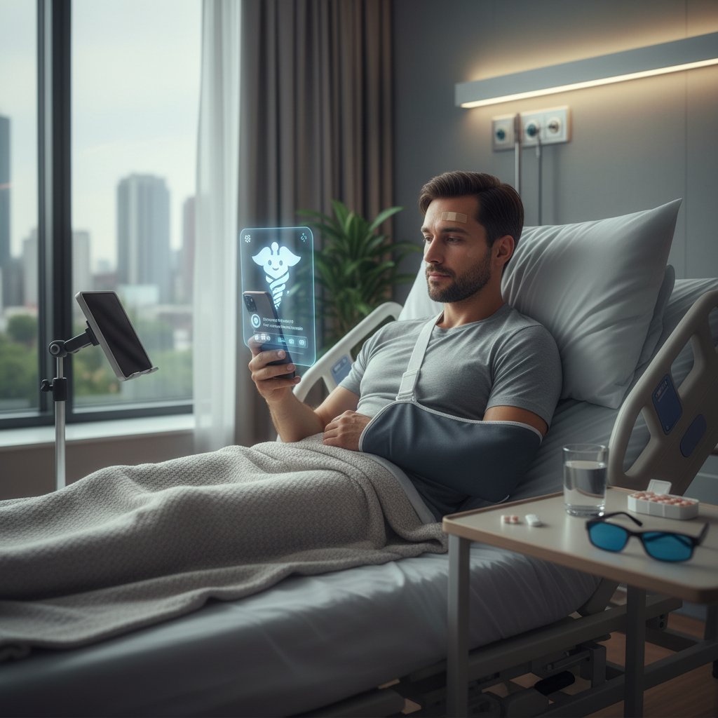 Młody mężczyzna korzystający z wirtualnej pomocy pooperacyjnej, smartfon, nowoczesne mieszkanie