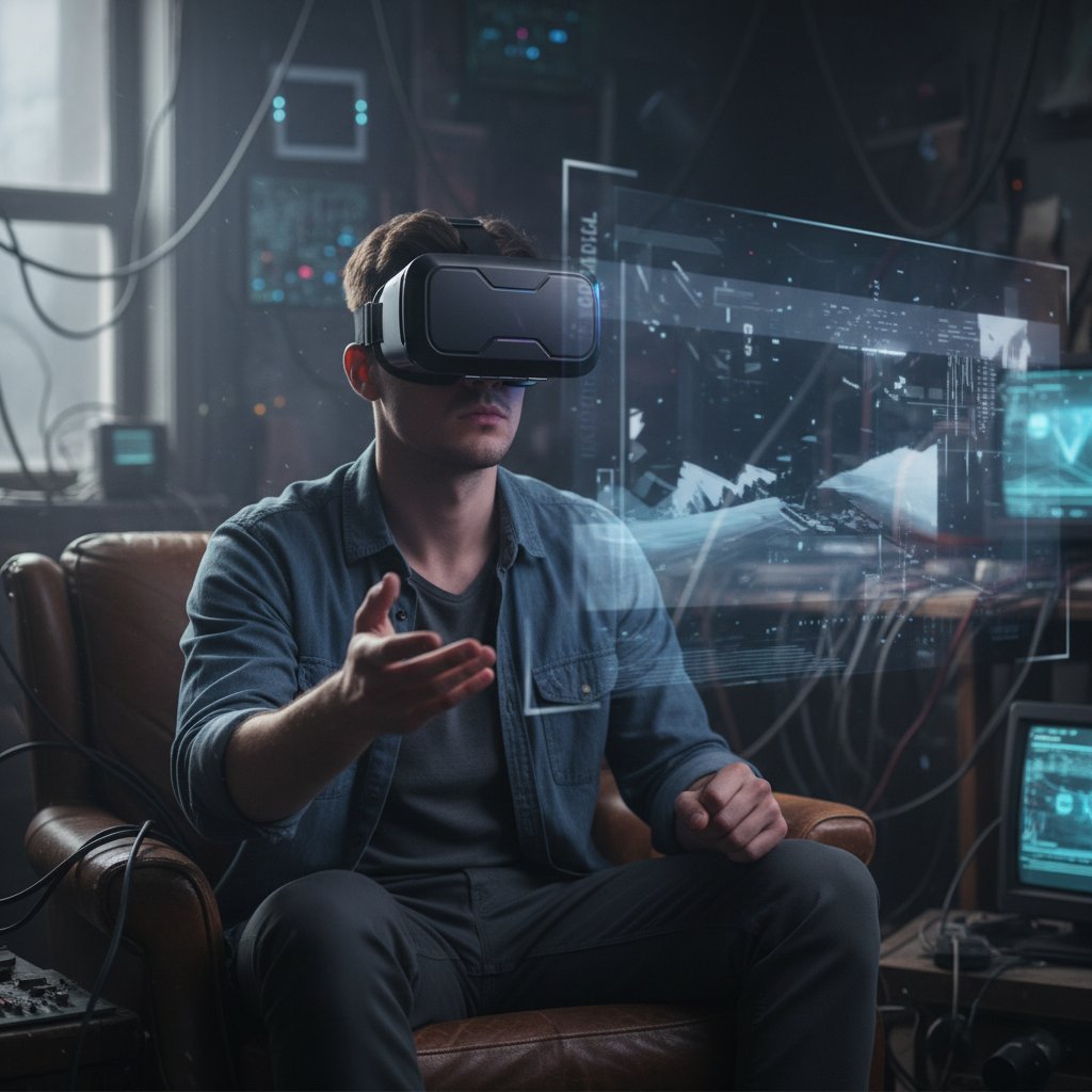 Junger Mann betrachtet VR-Brille mit Zweifel, Emotionen und Technik im Fokus