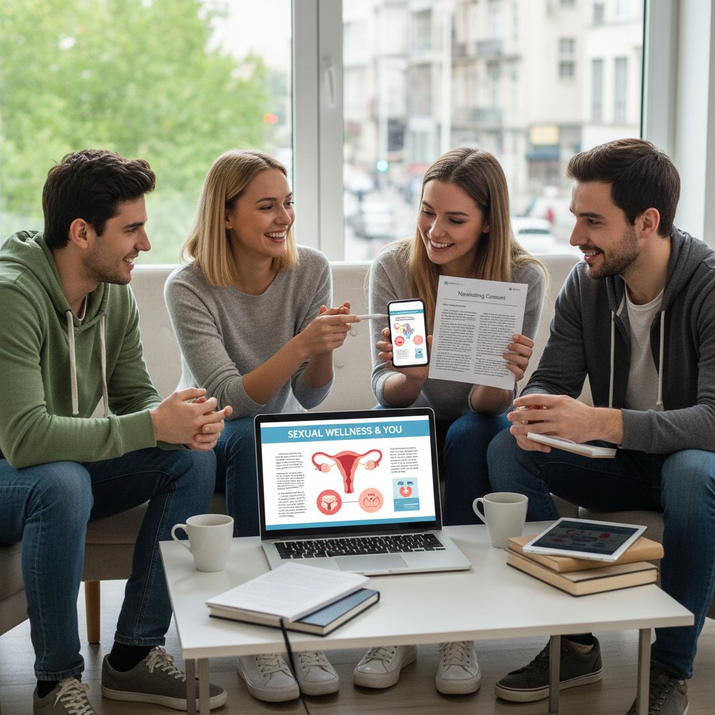 Grupa młodych ludzi korzystająca z laptopów i smartfonów podczas wspólnej nauki o zdrowiu seksualnym