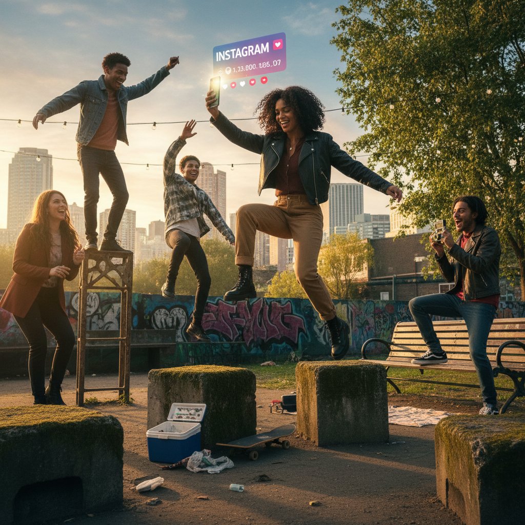 Young people recreating a movie scene for Instagram in urban park, news reportage style, playful risky mood, natural light, 16:9