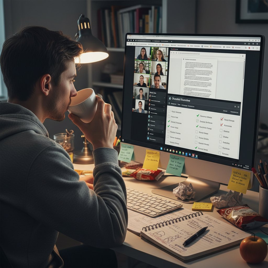 Młoda osoba analizuje własny styl rozmowy przy komputerze, notatki i checklist na ekranie, temat: komunikacja online