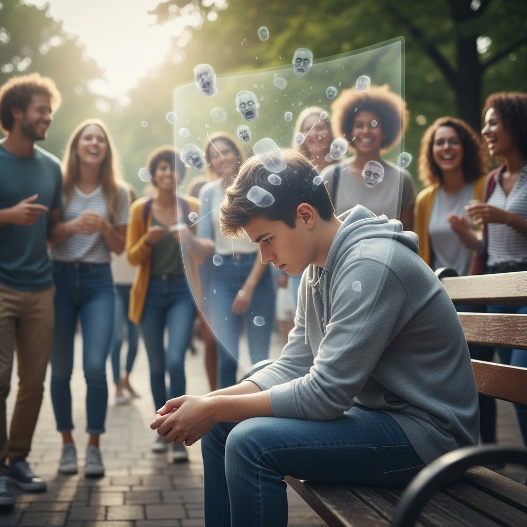 Symbolbild: Junge Person sitzt isoliert inmitten einer feiernden Gruppe, wirkt abwesend und nachdenklich