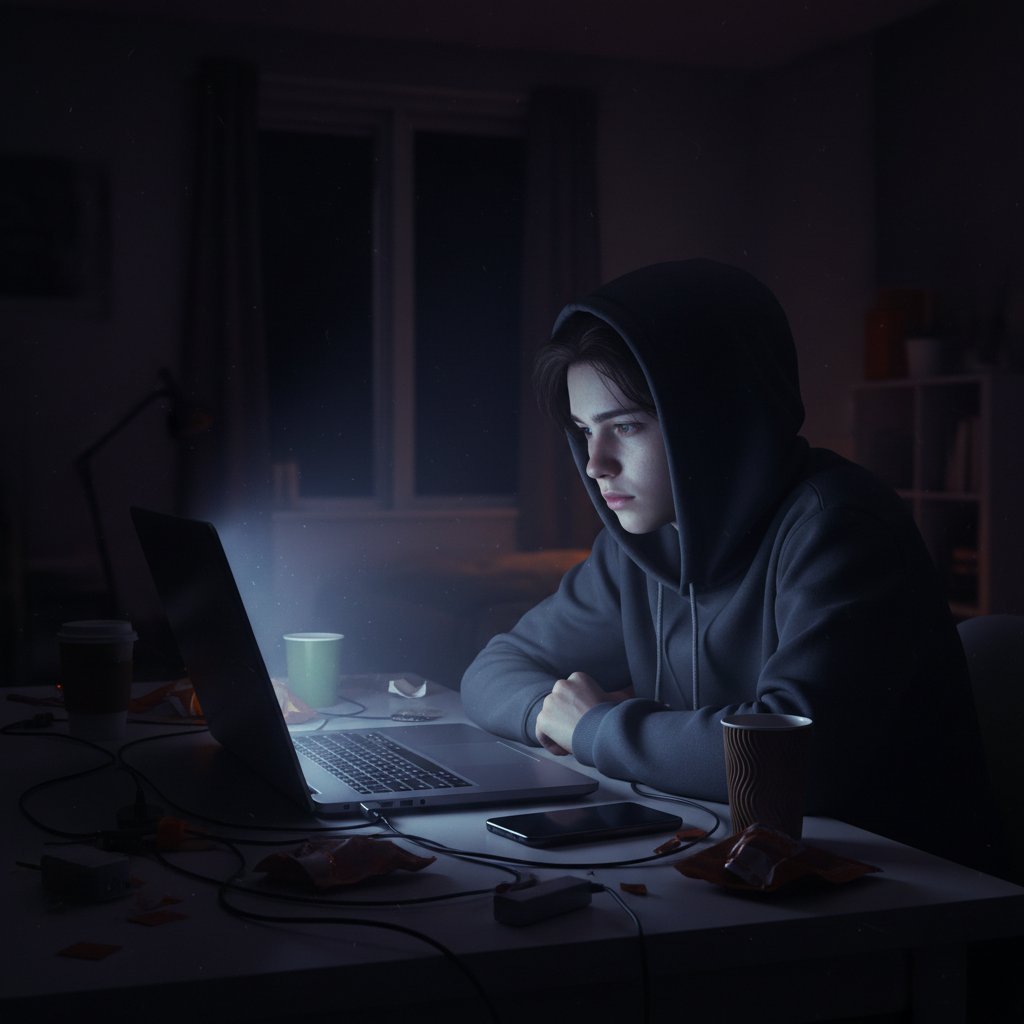 Młoda osoba siedząca samotnie przy laptopie w ciemnym pokoju, światło ekranu podkreśla napięcie i cyfrową izolację