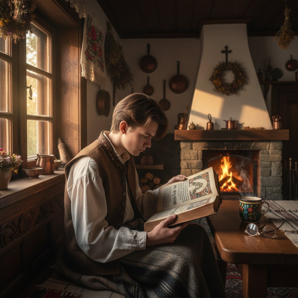 Młoda osoba czytająca przepowiednię na kartce w tradycyjnym domu, ciepło, polska atmosfera