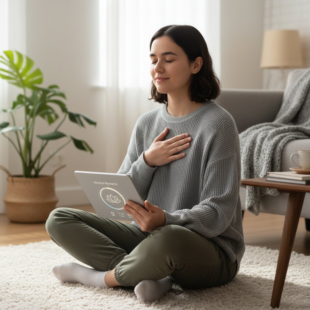 Zdjęcie młodej osoby korzystającej z tabletu do ćwiczeń mindfulness w domowym zaciszu