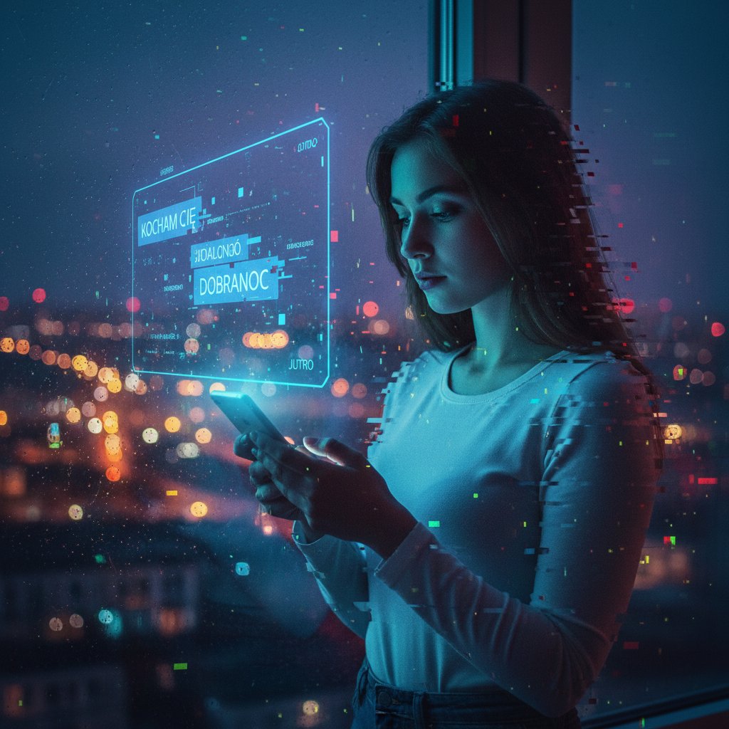 Młoda kobieta samotnie siedzi nocą przy oknie, rozmawia z hologramem AI na telefonie