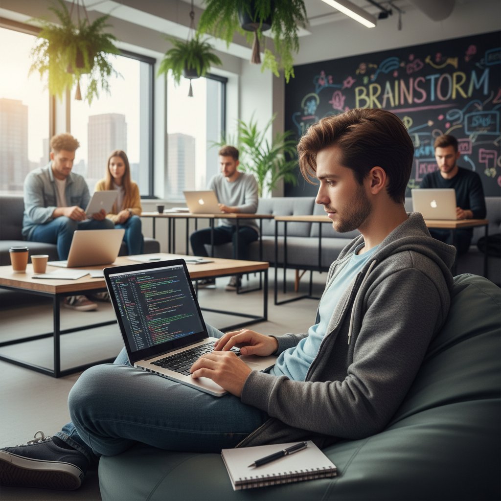 Młody programista analizujący kod na laptopie w biurze coworkingowym