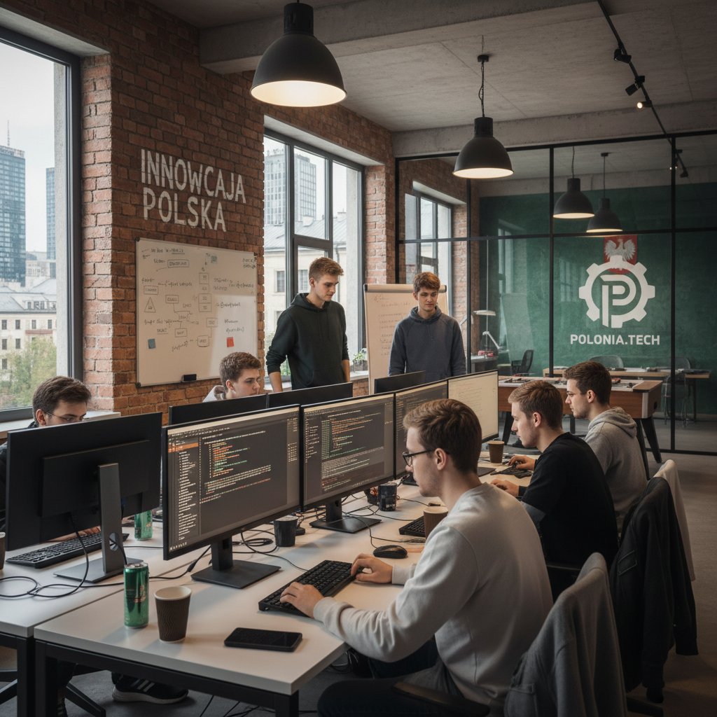 Młody zespół programistów pracuje nad innowacyjnym produktem, polskie startupowe biuro, energia i zaangażowanie