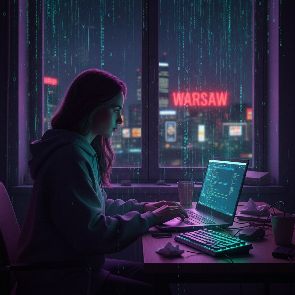 Młoda kobieta z kodu i światła siedzi z laptopem w warszawskim mieszkaniu nocą, deszcz za oknem, klimat melancholii