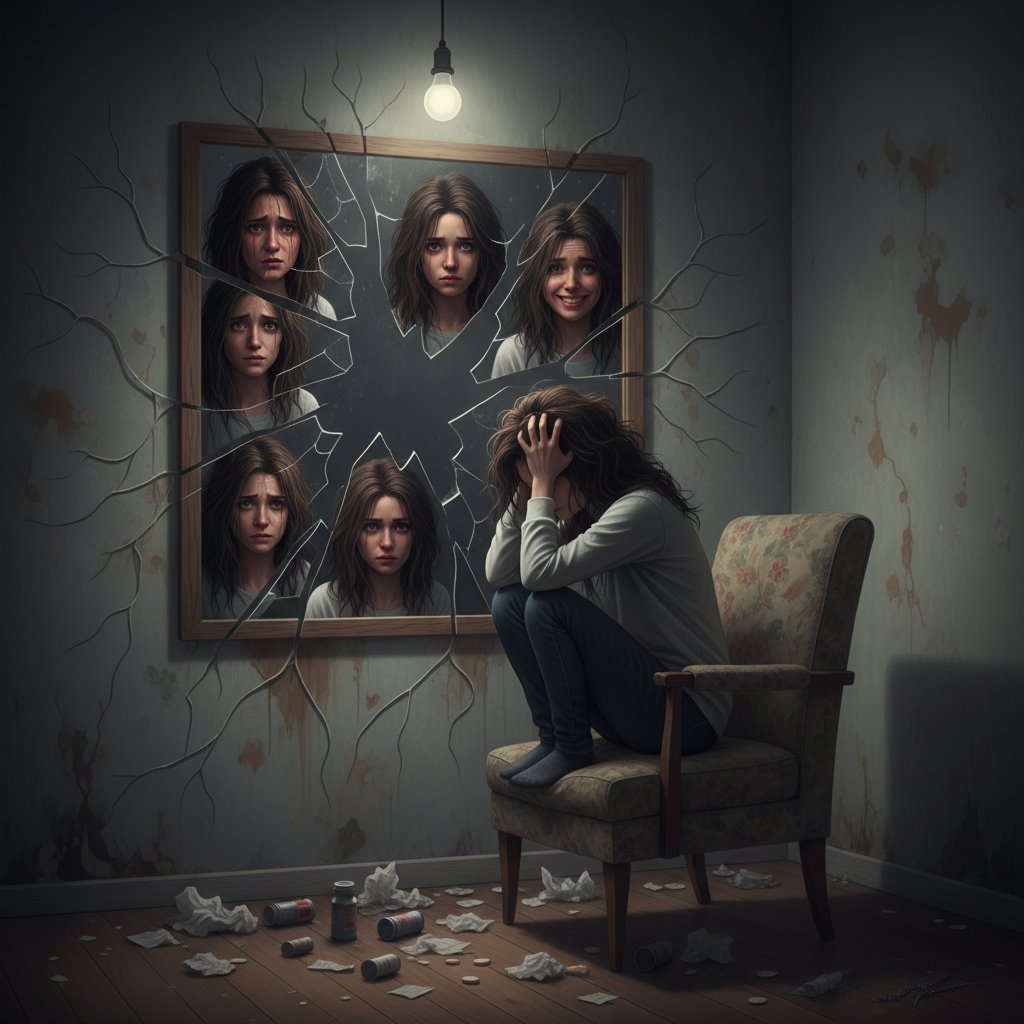 Junge Frau sitzt nachdenklich in einem abgedunkelten Raum, Spiegelbild fragmentiert, symbolisiert psychische Symptome und innere Zerrissenheit