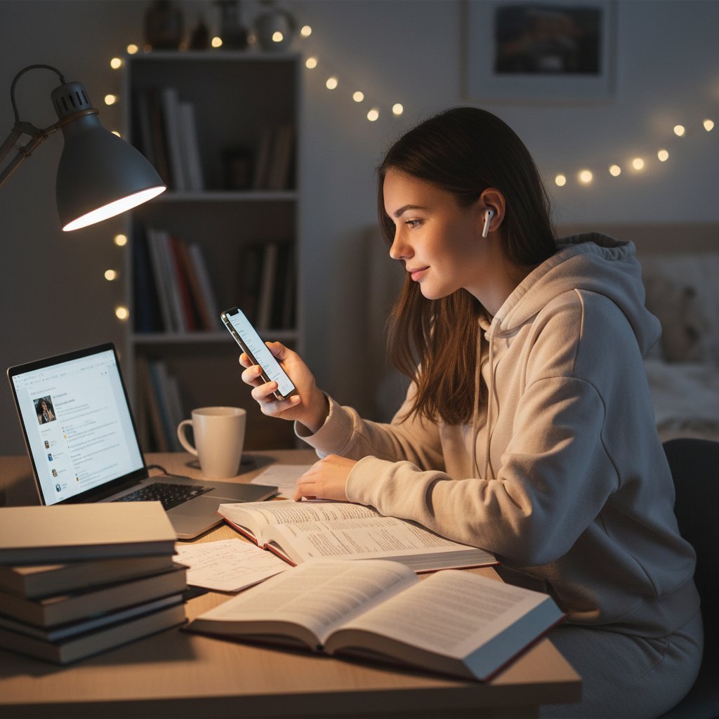 Studentka otoczona urządzeniami elektronicznymi, patrząca bezradnie na ekran laptopa, szukająca koncentracji