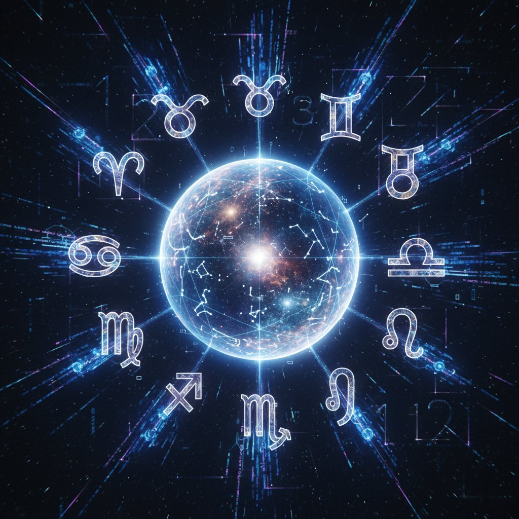 Zodiak, cyfry i kod AI na jednej ilustracji, symbolizujące różnorodność metod przewidywania przyszłości