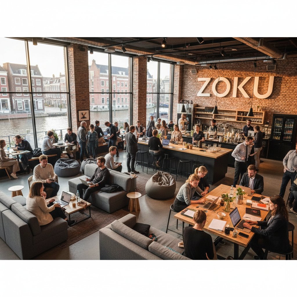 Zoku Amsterdam lounge buzzing with entrepreneurs, guests collaborating and socializing, modern design and natural light