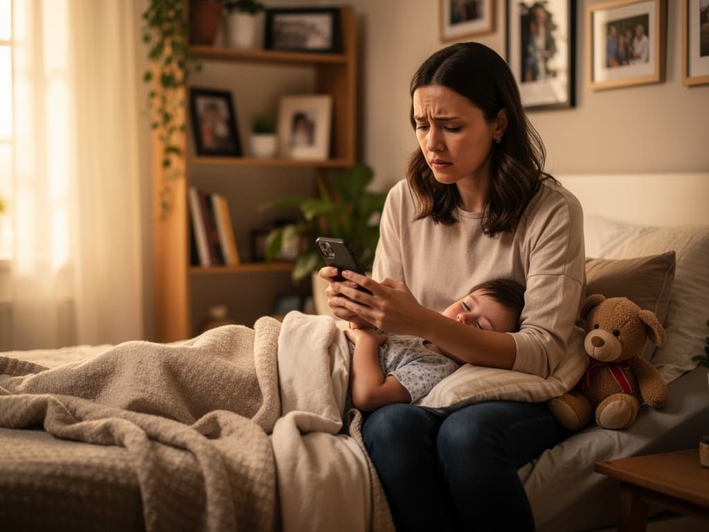 Rodzic szuka informacji o objawach i podstawowej opiece przy przeziębieniu dziecka