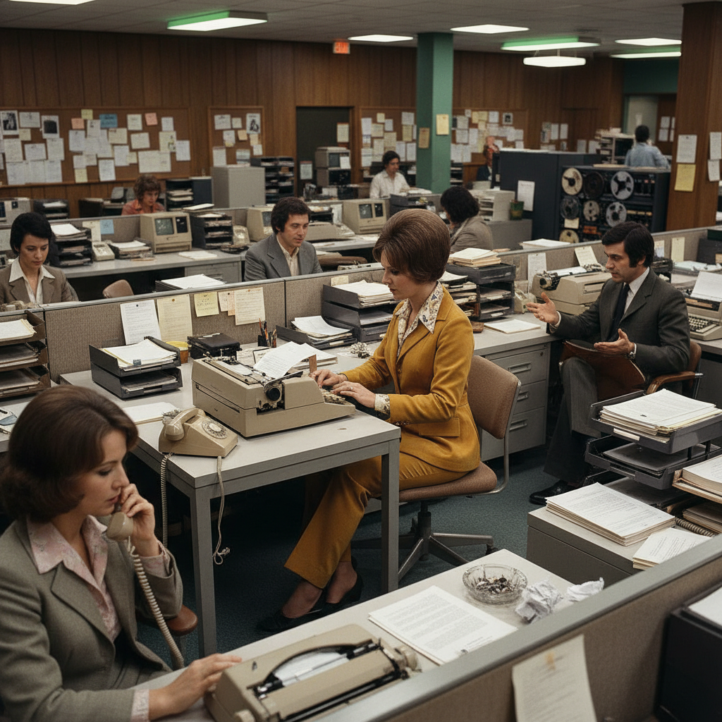 Editorial illustration of a 1970s office representative at a typewriter with a cluttered desk and phone in hand, representing the human touch in workplace communication