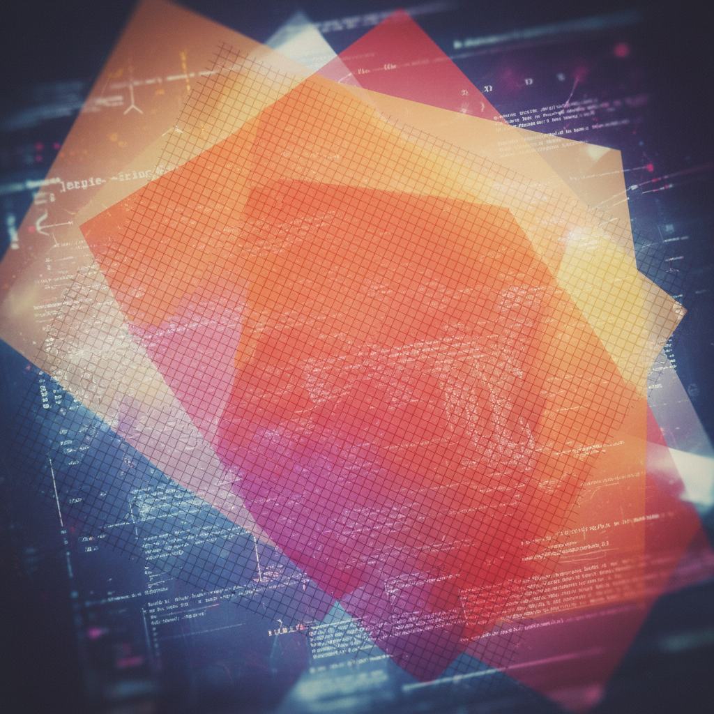 Abstract representation of biased data filtering, with colored overlays on digital documents. Bias in document analytics insights, ethical AI