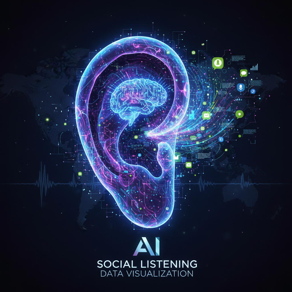Abstract digital ear symbolizing AI-powered social listening automation with swirling data visualizations in sharp contrast