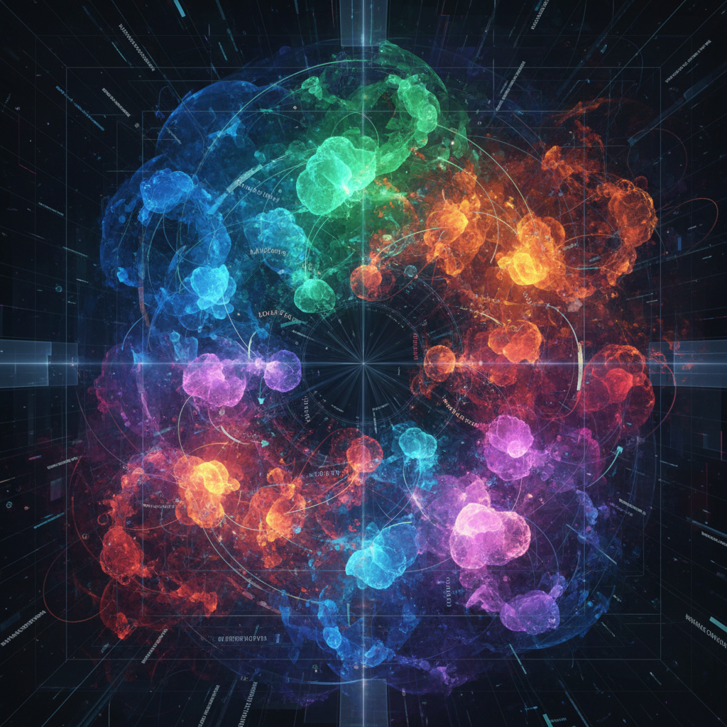 Abstrakcyjna wizualizacja klientów podzielonych przez AI na kolorowe klastry – segmentacja klientów AI