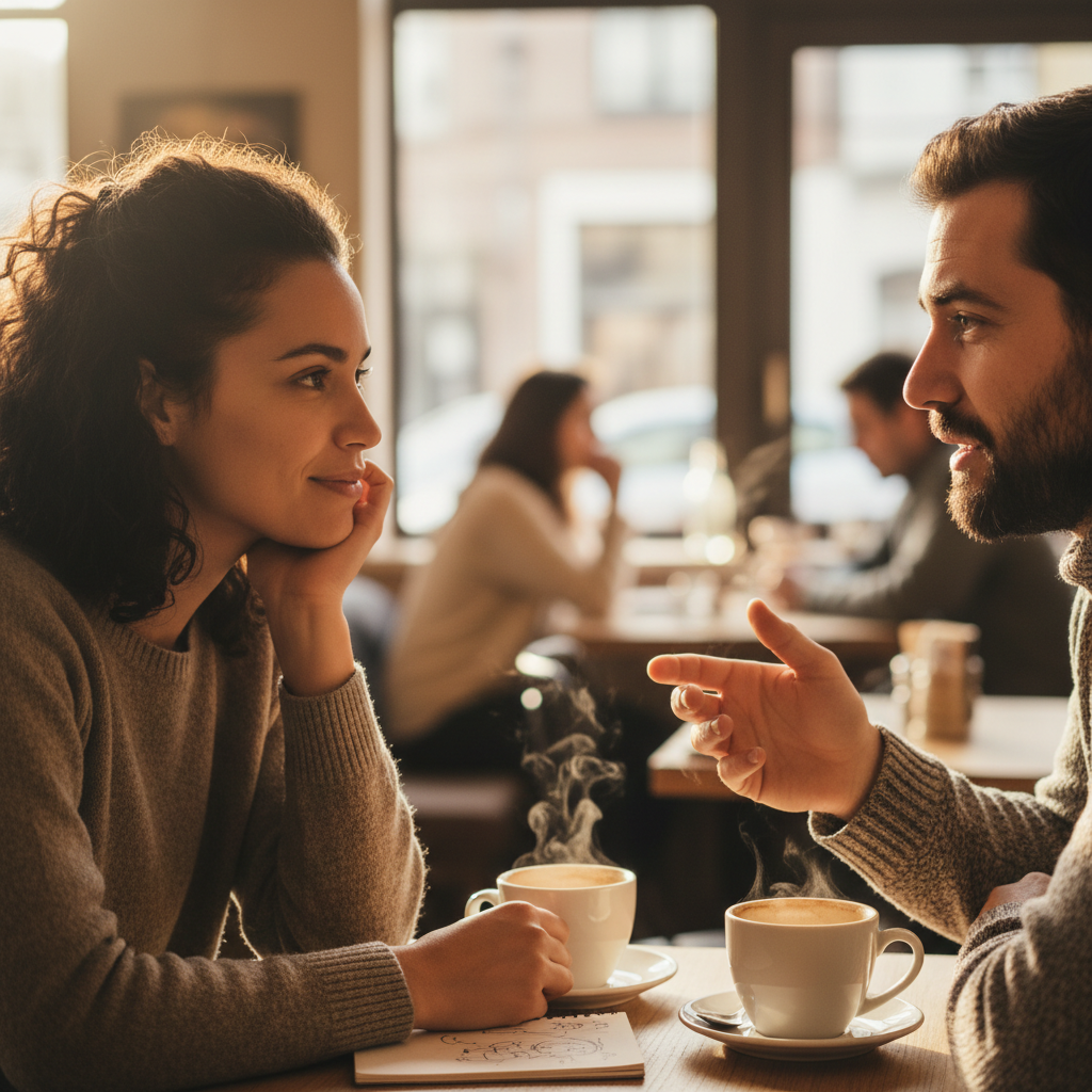 Osoba wsłuchująca się uważnie w rozmówcę, autentyczność, aktywne słuchanie, inspirujące rozmowy