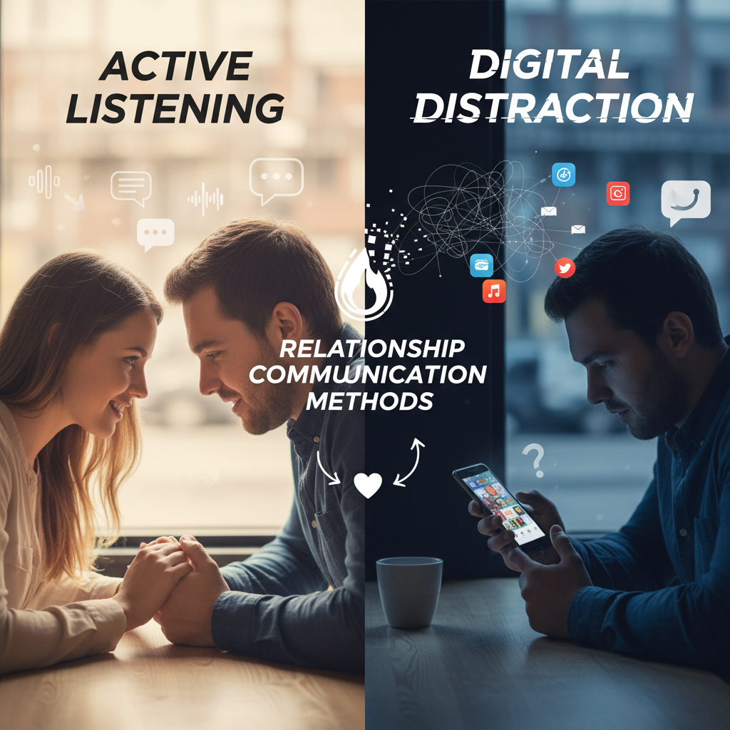 Contrast of active listening vs. digital distraction in effective relationship communication