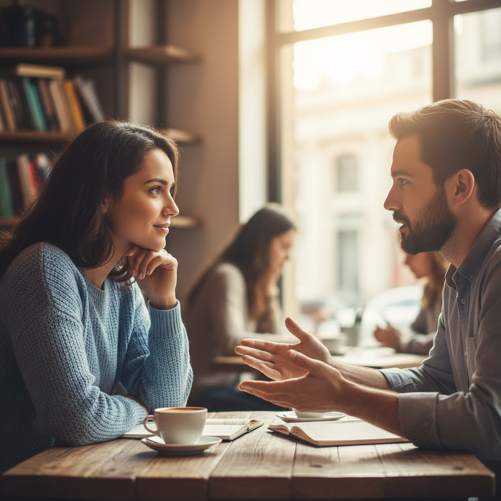 Osoby rozmawiające twarzą w twarz, aktywnie słuchające się nawzajem, empatia w relacji