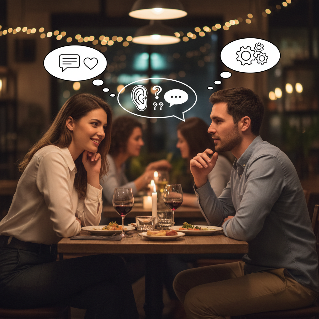 Active listening during a first date, genuine engagement visible, demonstrating communication skills
