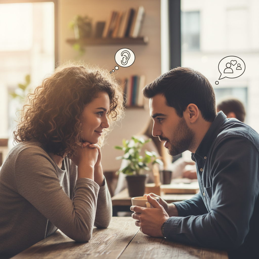 Photo of couple sitting face-to-face, one listening attentively, demonstrating active listening techniques