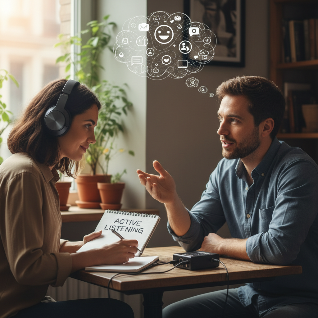 A person with headphones on, eyes closed, holding a notepad, another person speaking animatedly nearby, symbolizing true active listening in relationships