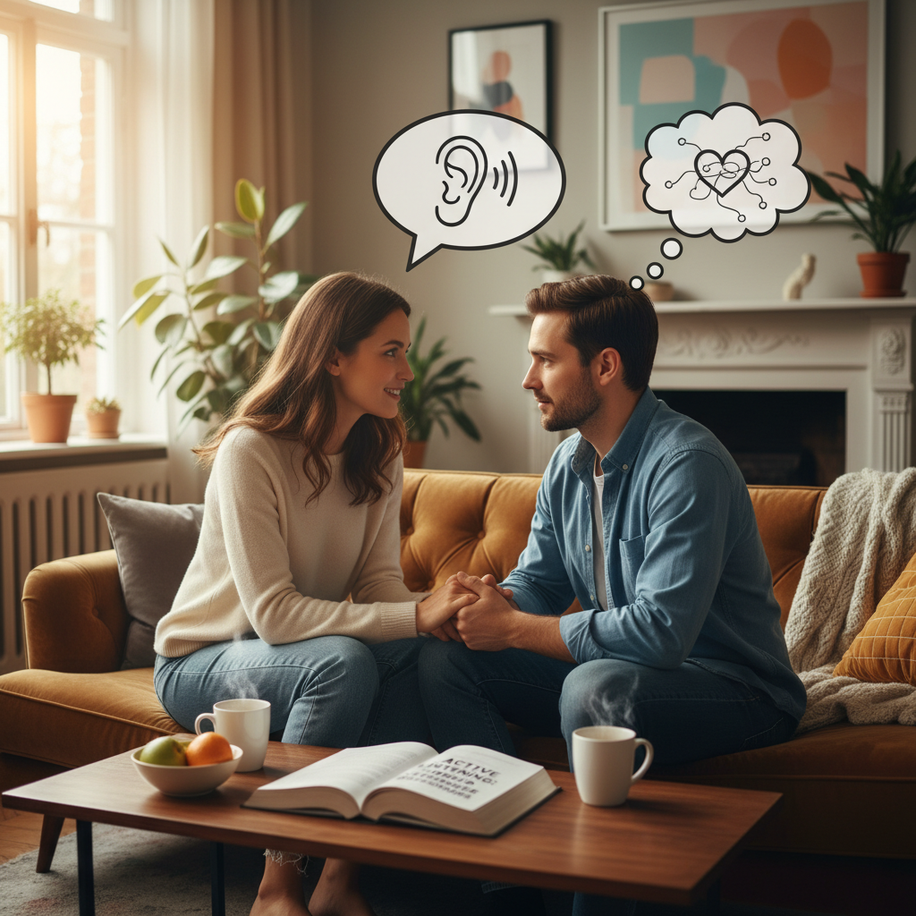 Two people talking on a couch, looking attentive, practicing active listening as online relationship tip