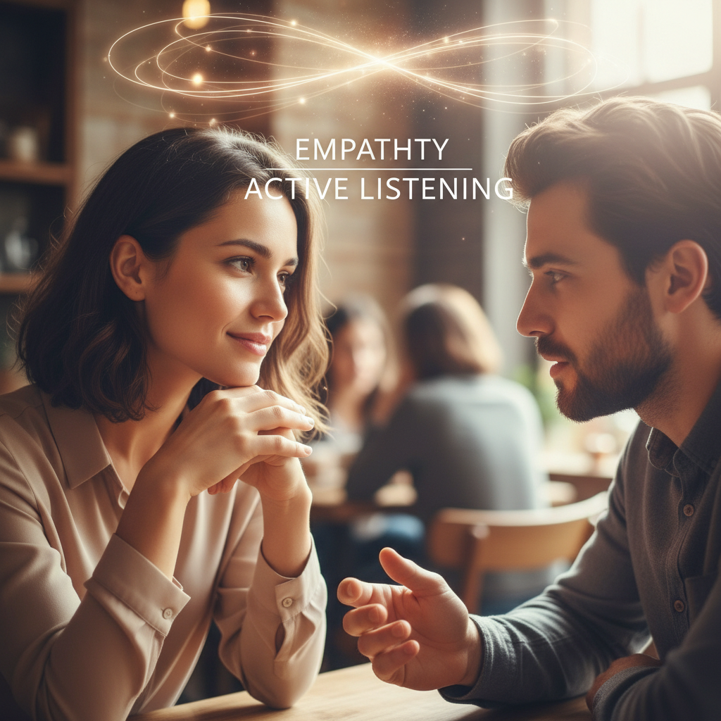 Two people on a couch, one speaking, the other listening intently, muted lighting, intimate vibe